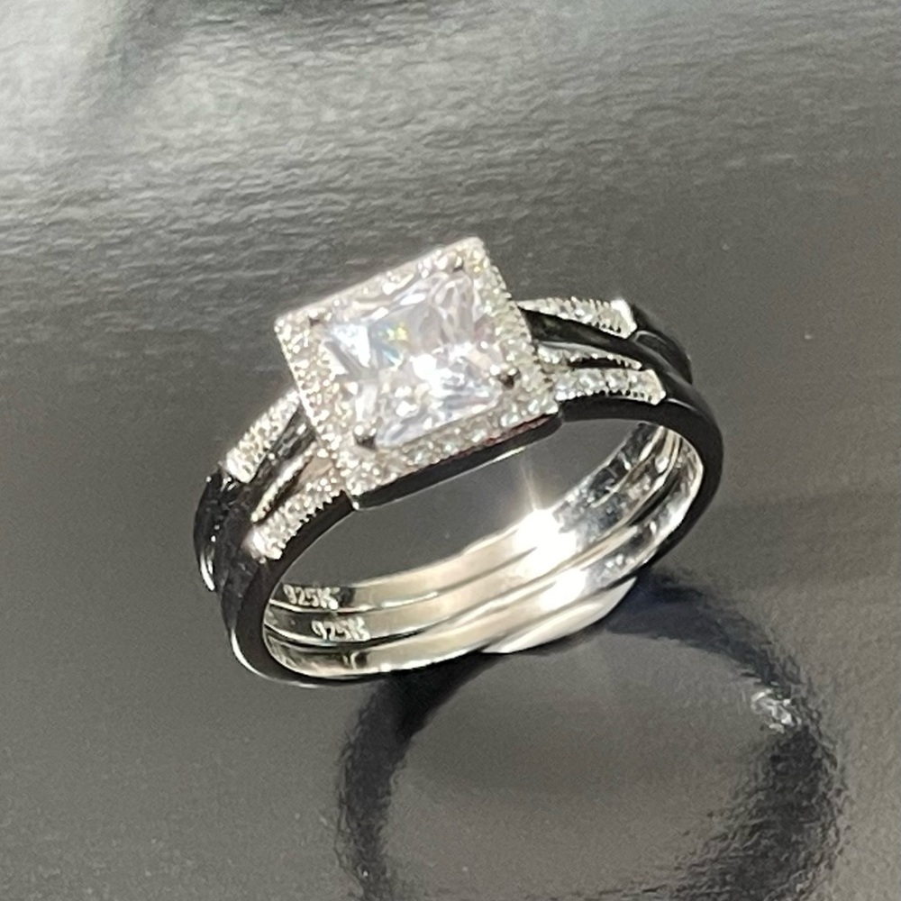 Solid Silver 925 Double Wedding Emgagement Ring S… - image 7